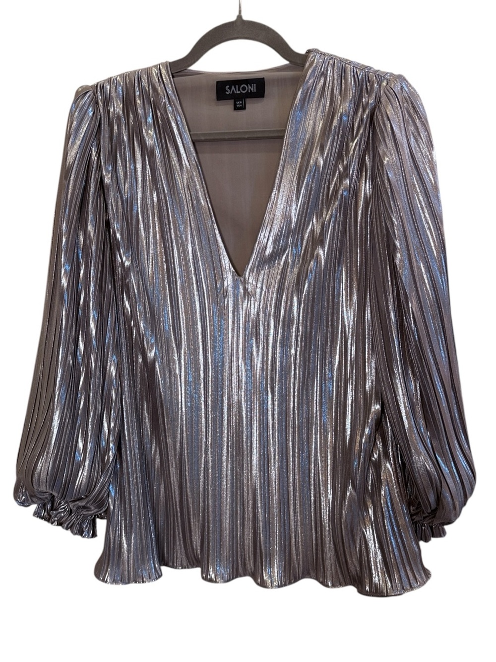 Saloni Champagne Silver Metallic Plisse Glamorous V-Neck Holiday Party Blouse